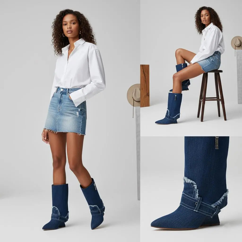 Tuhoomall Women's Short Denim Ankle Boots, Stylish Wedge Heel, Foldable Cuff, Perfect for Formal and Casual Events Tuhoomall