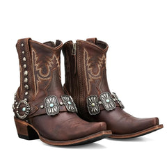 Tuhoomall Western Ankle Booties, Chunky Heel, Snip-Toe, Studded & Embroidered, All-Season Wear for Parties and Performances