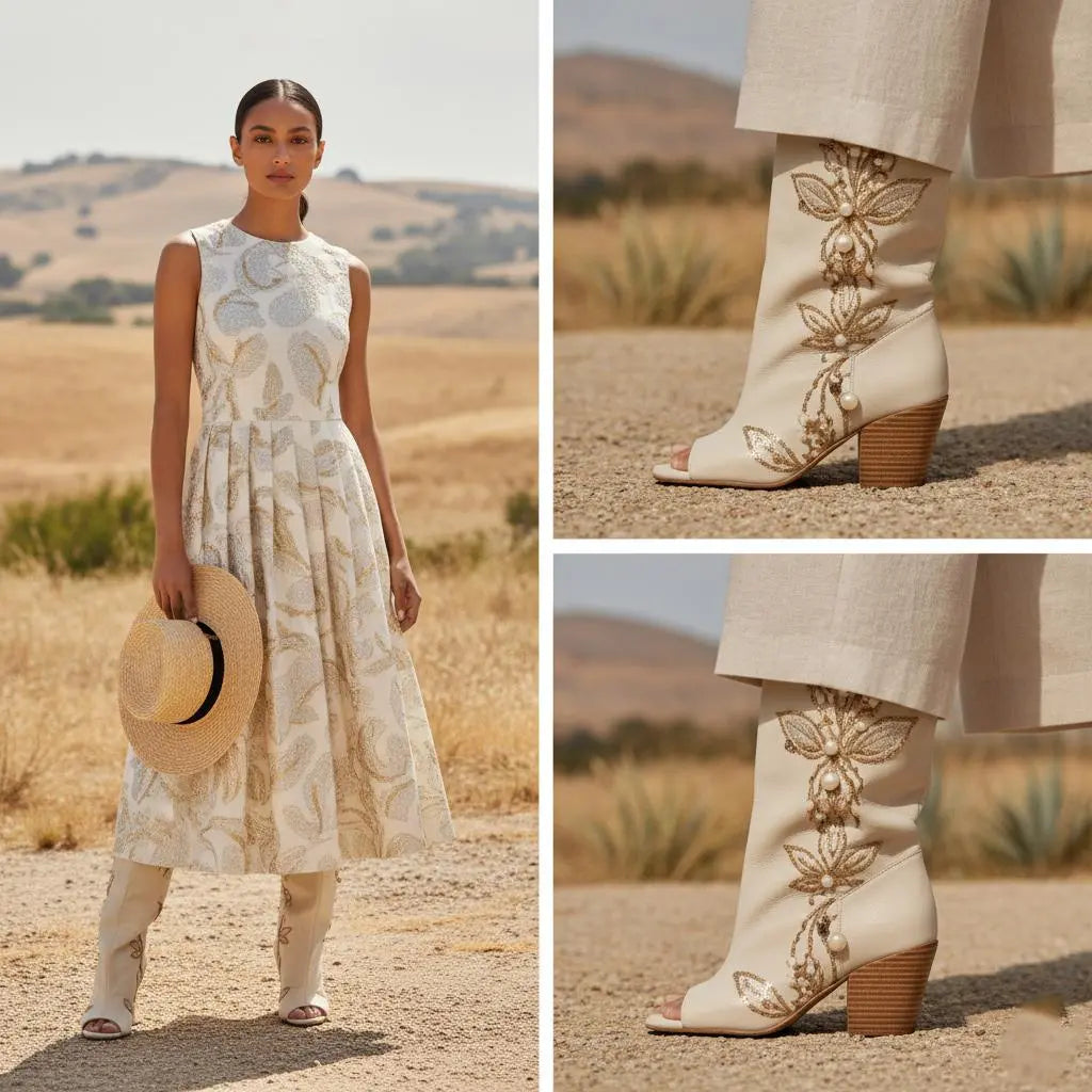 Tuhoomall Over-The-Knee Floral Embellished Heeled Boots for Party and Dance - Stylish Slip-On Design with Rhinestone and Sequin Detail Tuhoomall