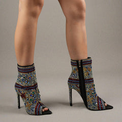 Tuhoomall Stylish Women’s Ankle Boots with Rhinestones, Peep Toe, High Heel for Parties,Trendy and Elegant