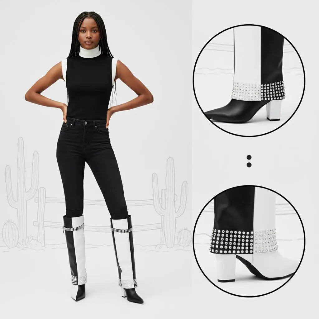 Tuhoomall Style Knee-High Foldable Boots with Studded Design for Casual Outdoor Fashion Tuhoomall