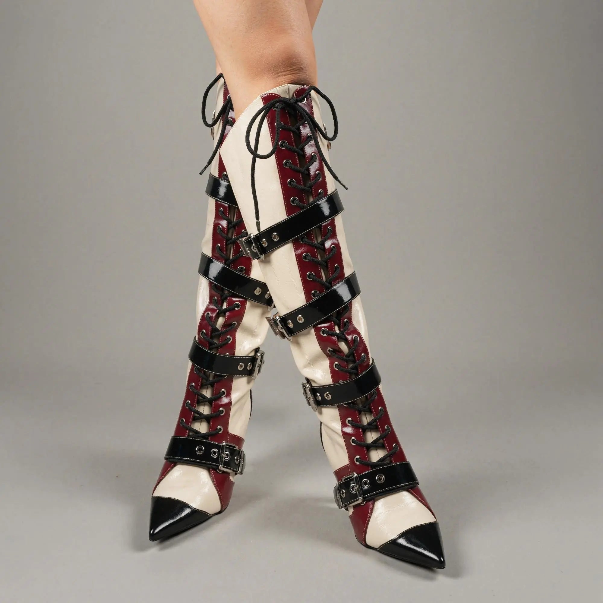 Tuhoomall Knee-High Boots for Women, Comfortable Floral Design with High Heel, Adjustable Buckle Closure, Perfect for Casual Style Tuhoomall