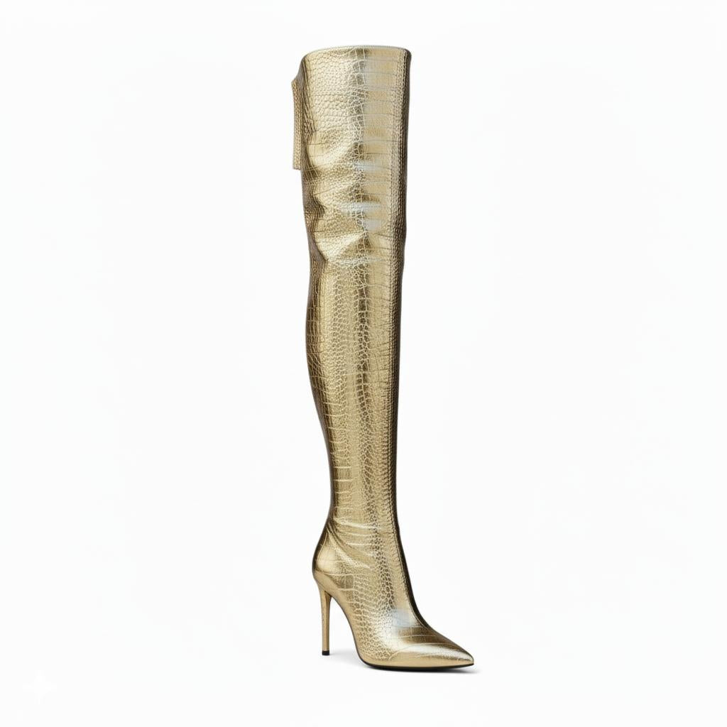 Tuhoomall Stylish Over-the-Knee High Heels with Metallic Shine, Striped Pattern, and Faux Leather Lining for Parties and Fashion Events