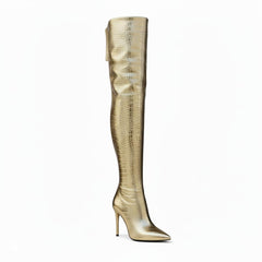 Tuhoomall Stylish Over-the-Knee High Heels with Metallic Shine, Striped Pattern, and Faux Leather Lining for Parties and Fashion Events