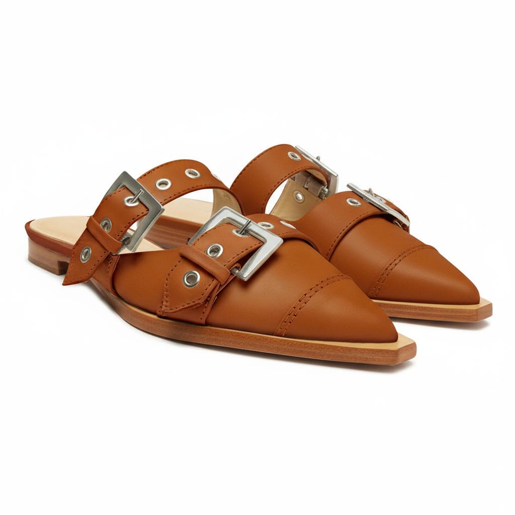Tuhoomall Comfortable Pointed-Toe Mule Sandals for Summer Travel | Adjustable Metal Button Design | Casual Street Style Tuhoomall
