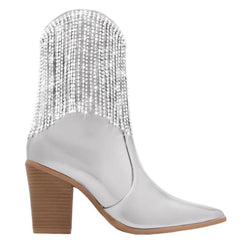 Tuhoomall Stylish Chunky Heel Ankle Boots with Rhinestone Tassels, Pointed Toe, Zipper Closure, Perfect for Parties and Travel