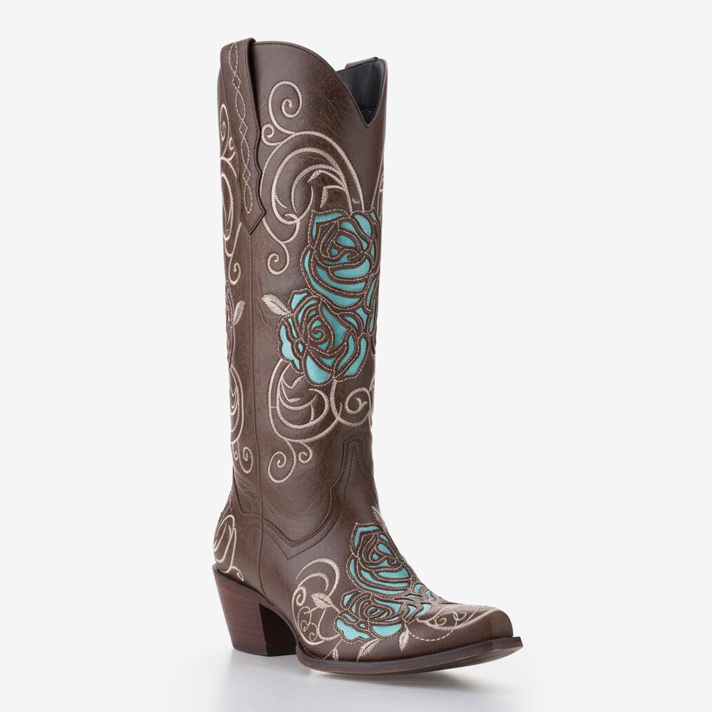 Tuhoomall Western Cowgirl Boots, Floral Embroidered Slip-On, Chunky Heel Mid Calf, Durable Rubber Sole for Casual Outdoor Fashion