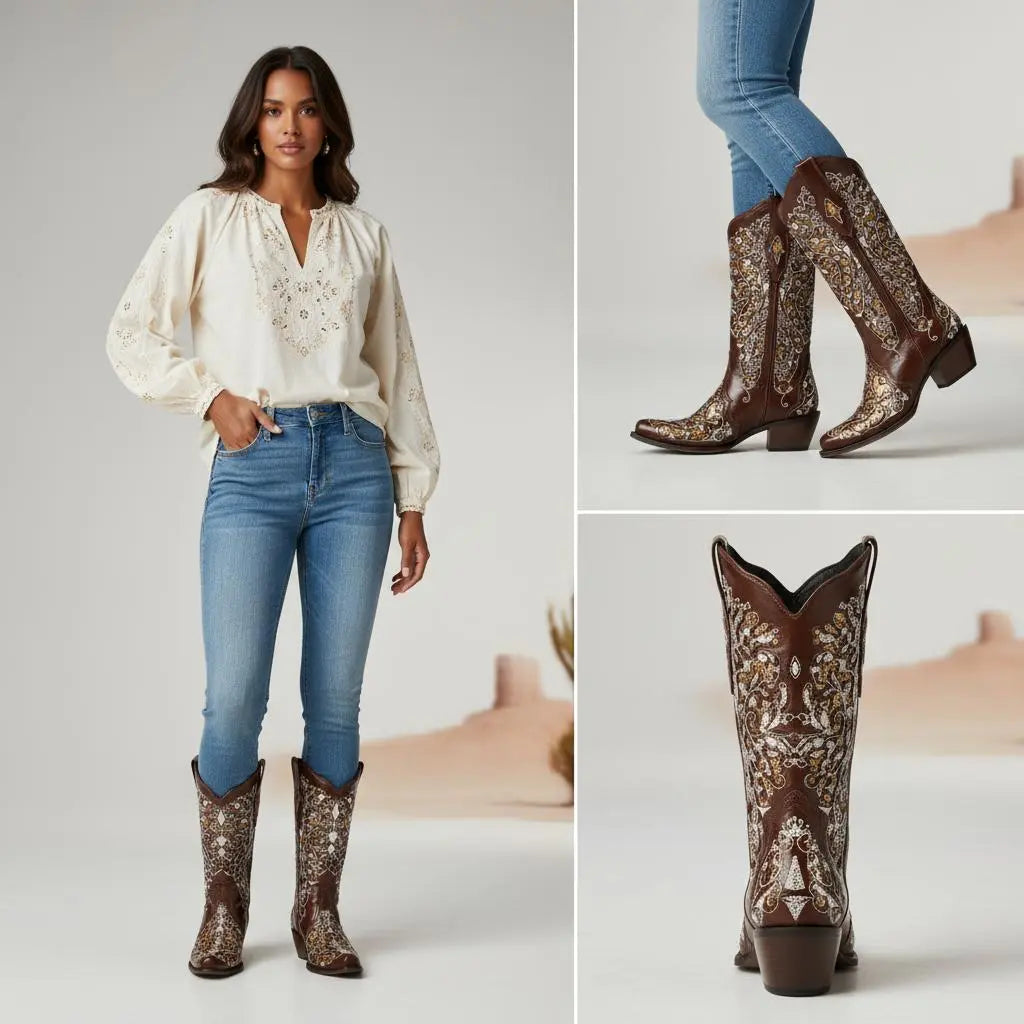 Tuhoomall Western Style Embroidered Mid-Calf Boots For Fashion, Travel, Outdoor - Chunky Heel, Faux Suede, Slip-On, Rhinestones, 3cm Heel Height Tuhoomall