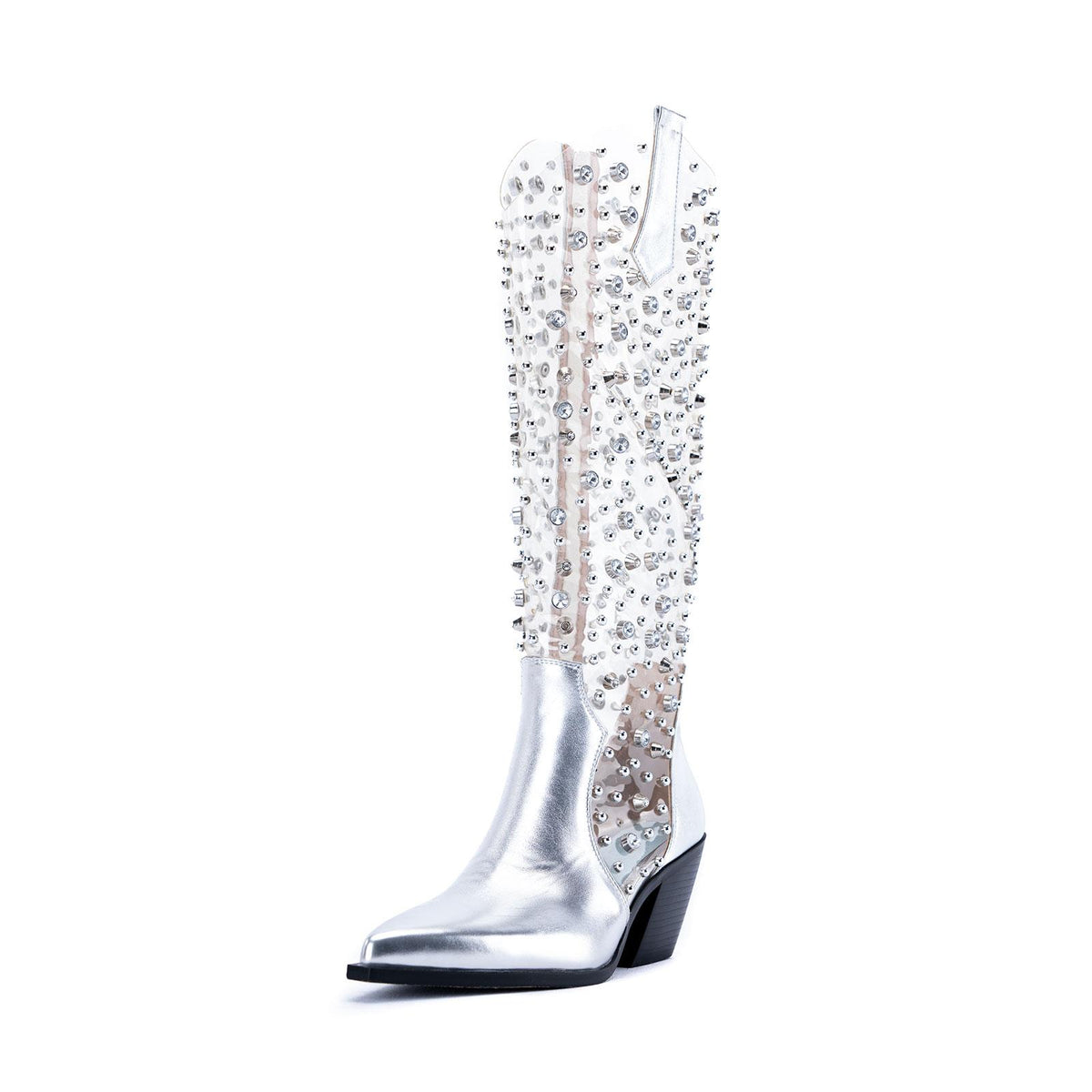 Tuhoomall Mid Calf Cowboy Boots for Women with Rhinestones and Zipper Closure, Fashionable Chunky Heel for Performances and Casual Wear