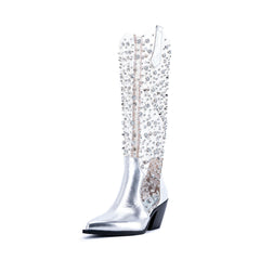 Tuhoomall Mid Calf Cowboy Boots for Women with Rhinestones and Zipper Closure, Fashionable Chunky Heel for Performances and Casual Wear