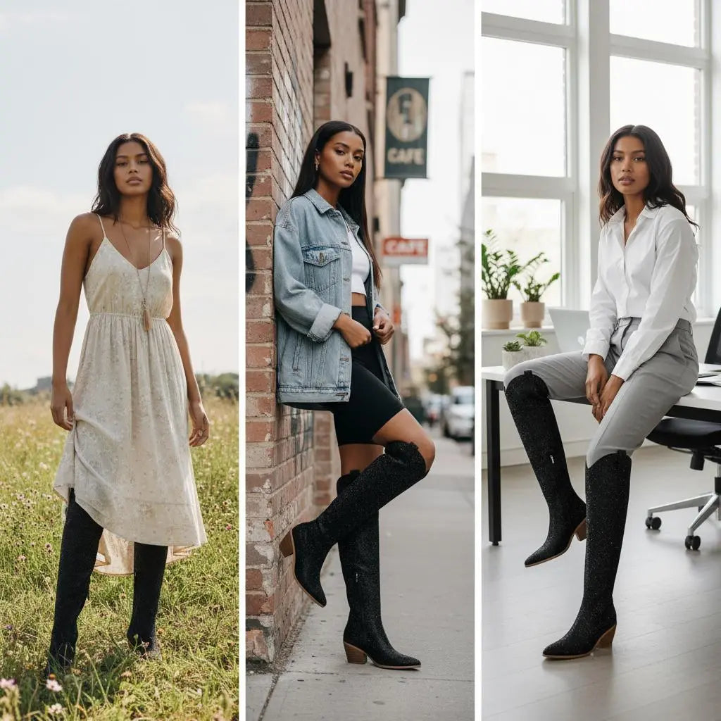 Tuhoomall Western Over-Knee Cowboy Boots With Chunky Heel, Rhinestone-Studded Vegan Leather, Casual All-Season Style, Round Toe, Zipper Closure Tuhoomall