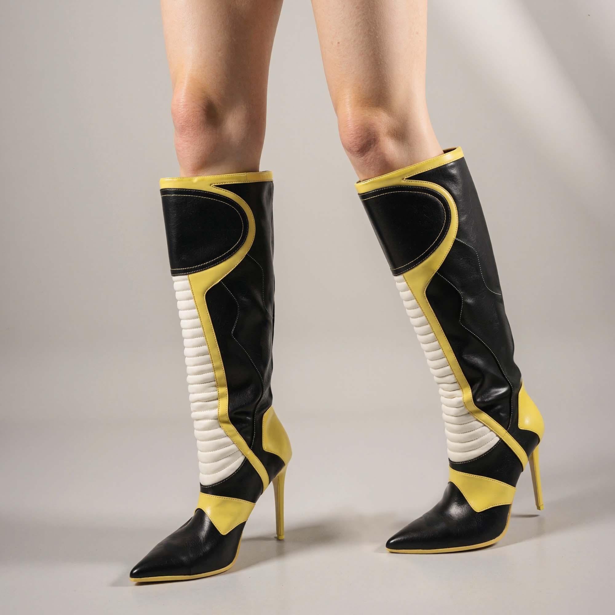 Tuhoomall Knee High Boots, Comfortable Stiletto Heels, Slip-Resistant Design, Stylish Striped Patchwork for Parties and Performances