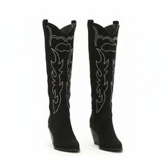 Tuhoomall Western Mid Calf Boots With Floral Embroidery And Rhinestones, Casual Style For Parties And Travel, Comfortable Rubber Sole, Chunky Heel 3.00 in
