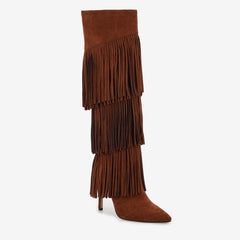 Tuhoomall Fashion Women's Knee-High Boots with Fringe Detail, Stylish Pointed Toe, and 10.7cm Stiletto Heel for Parties and Performances