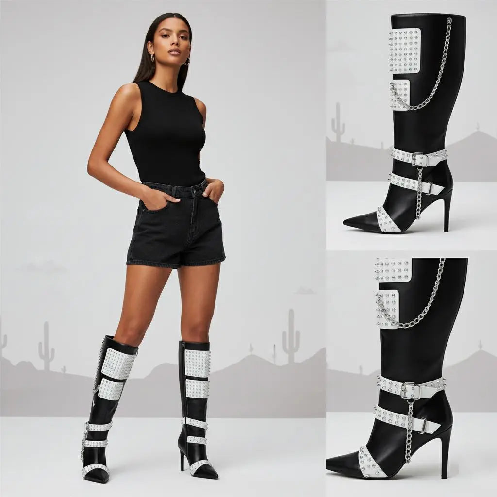 Tuhoomall Stiletto Knee-High Boots with Metallic Studs and Chic Design for Parties and Performances Tuhoomall