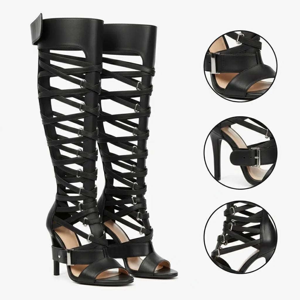Tuhoomall Chic Gladiator High Heel Sandals for Parties - Adjustable Straps, Metal Accents, Open Toe Design, Perfect for Spring and Summer Events Tuhoomall