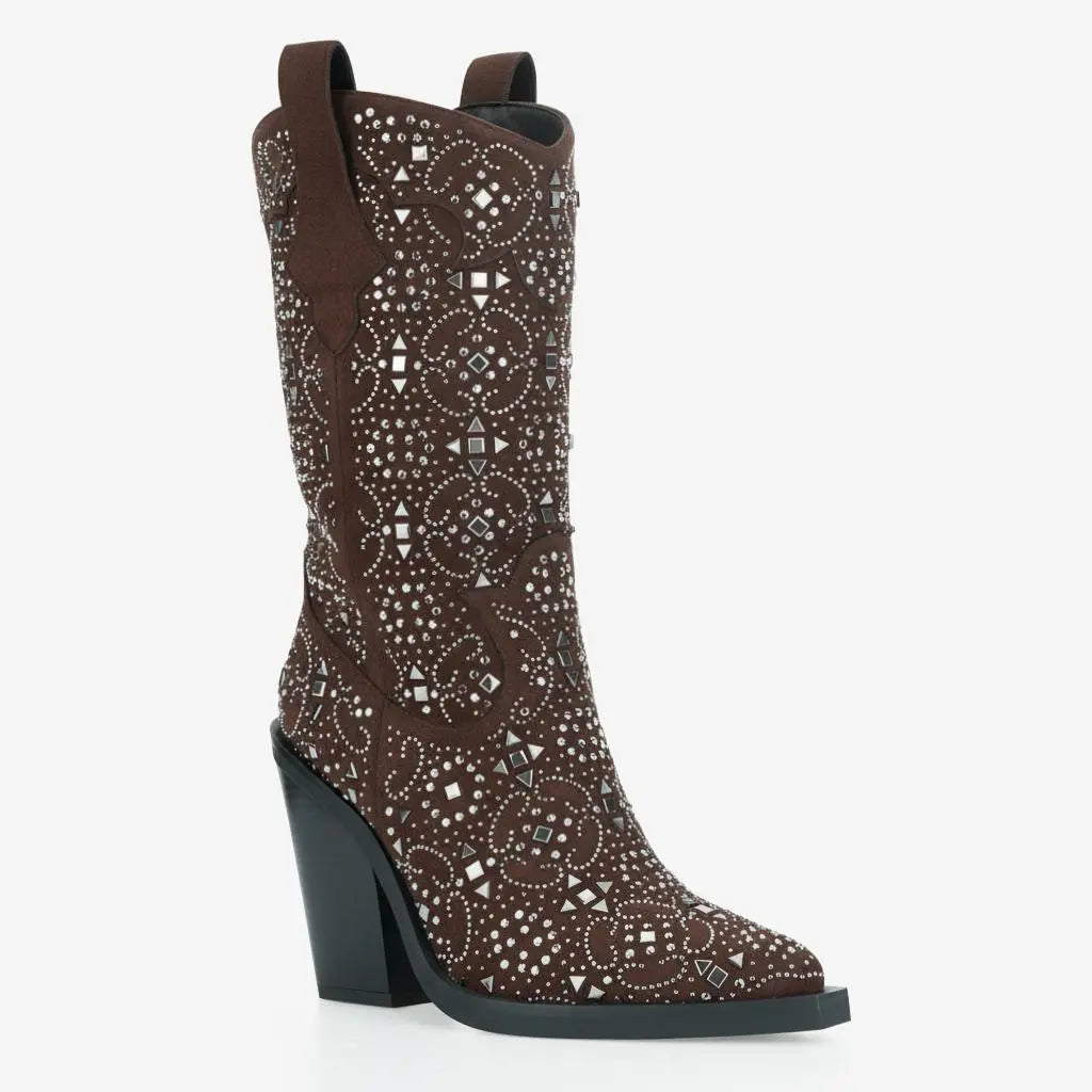 Tuhoomall Western Floral Embellished Mid-Calf Boots for Women, Comfortable Chunky Heel, Perfect for Bohemian Parties and Performances Tuhoomall