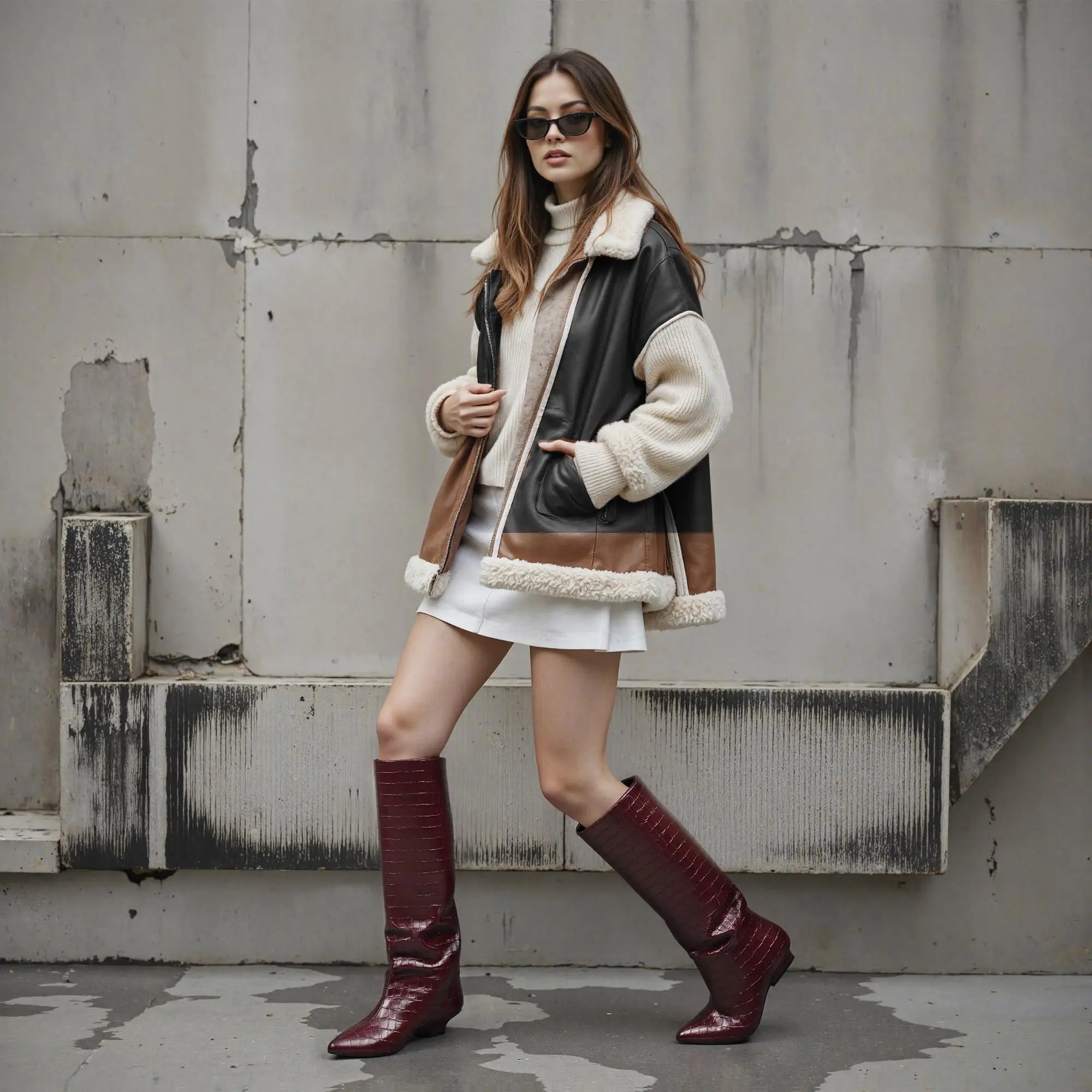 Tuhoomall Wedges Boots Over-the-Knee Boots For Parties and Performances, Comfortable Wedge Heel, Crocodile Pattern PU, Fashionable Retro Design Tuhoomall