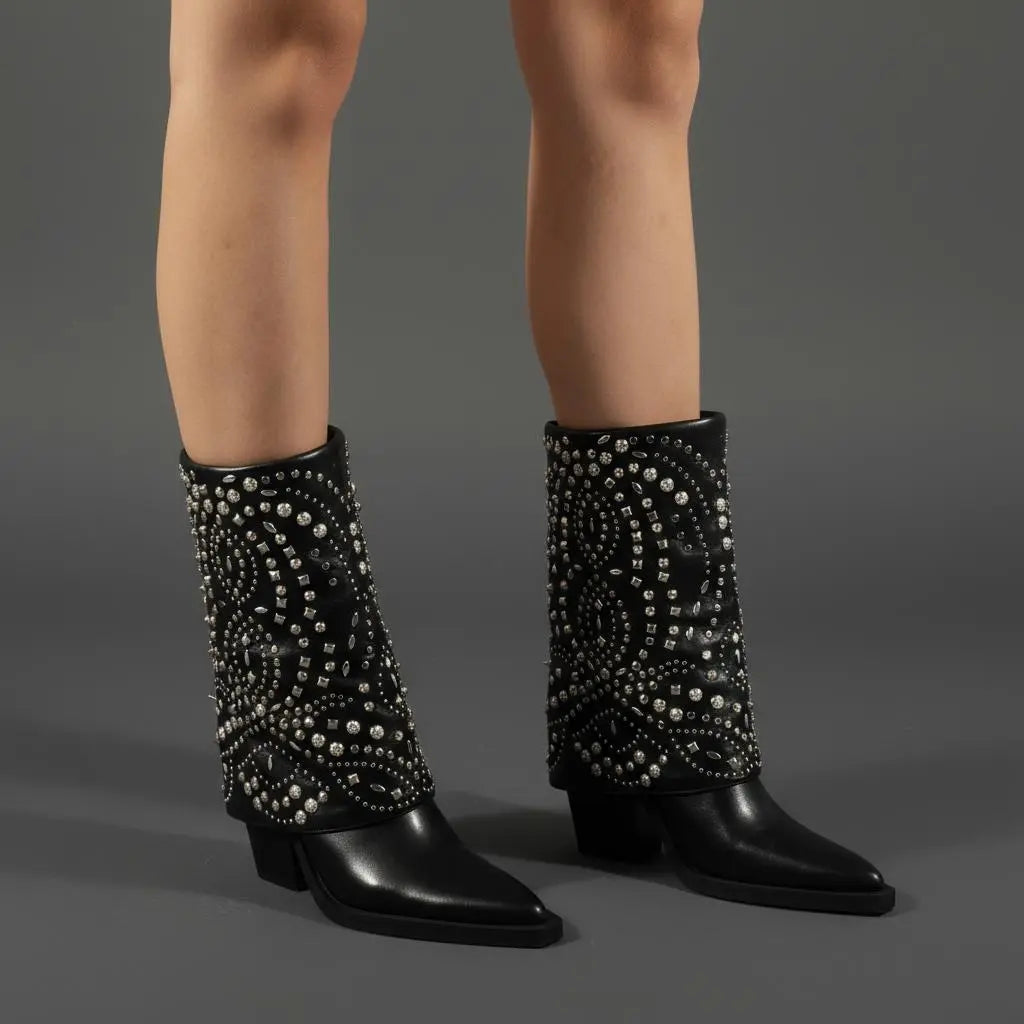 Tuhoomall Ankle Boots for Women, Stylish and Comfortable, Perfect for Parties and Casual Outings, Studded Design with Metal Buckle, 10cm Chunky Heel Tuhoomall