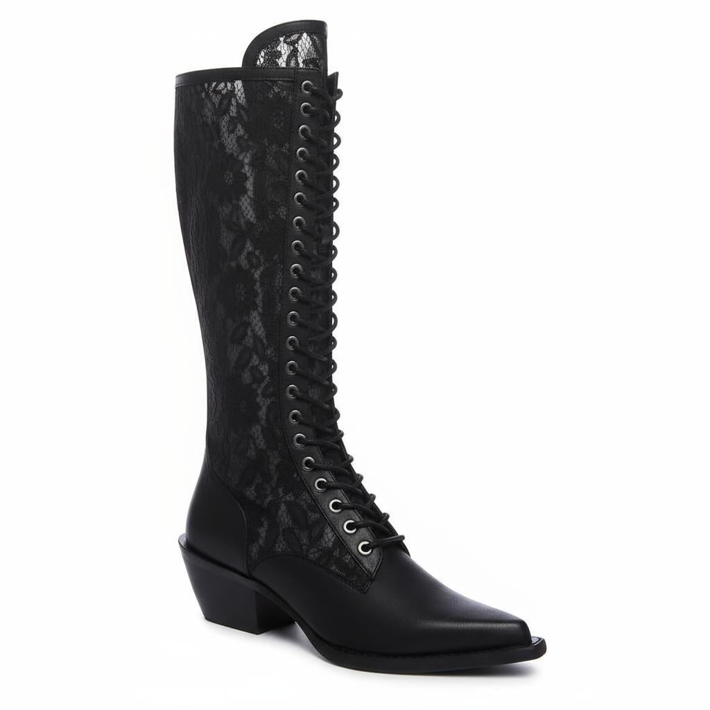 Tuhoomall Knee-High Boots With Lace-Up Design, Pointed Toe, Rubber Sole, Vintage Style, Embroidered Mesh, Casual All-Season Footwear