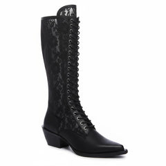 Tuhoomall Knee-High Boots With Lace-Up Design, Pointed Toe, Rubber Sole, Vintage Style, Embroidered Mesh, Casual All-Season Footwear