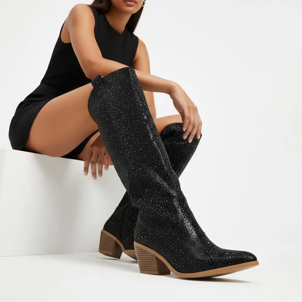 Tuhoomall Western Over-Knee Cowboy Boots With Chunky Heel, Rhinestone-Studded Vegan Leather, Casual All-Season Style, Round Toe, Zipper Closure Tuhoomall
