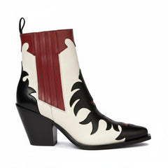 Tuhoomall Western Ankle Boots for Women, Pointed Toe Chunky Heel Booties, Fashion Slip-On with Applique and Elastic Side Panels, Casual Evening Wear