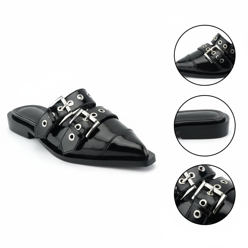 Tuhoomall Comfortable Pointed-Toe Mule Sandals for Summer Travel | Adjustable Metal Button Design | Casual Street Style Tuhoomall