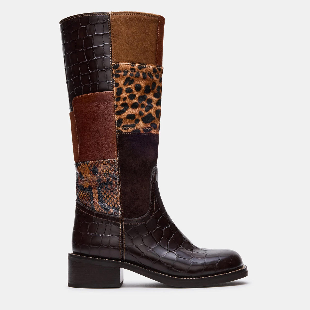 Tuhoomall Stylish Mid-Calf Boots for Parties and Evenings, Round Toe, Low Chunky Heel, Chic Patchwork Design with Snake, Crocodile, Leopard Print