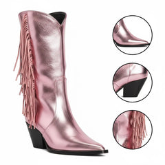 Tuhoomall Western Mid Calf Boots for Women, Metallic Bright Surface with Fringe, Slip-On, Casual Style, Chunky Heel, Perfect for Parties and Performances