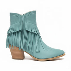 Tuhoomall Western Ankle Boots for Women, Fringed Design, Casual Fashion, Chunky Heel 2.36 in, Zipper Closure, All-Season Comfort