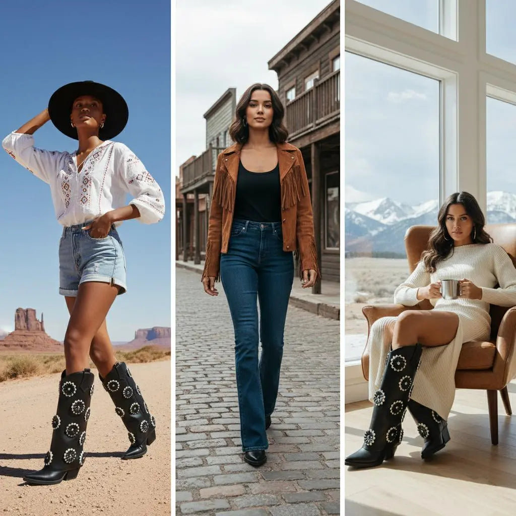 Tuhoomall Western Cowboy Knee High Boots for Women - Floral Pattern, Foldable Design, Chunky Heel, Perfect for Fashion, Outdoor and Casual Wear Tuhoomall