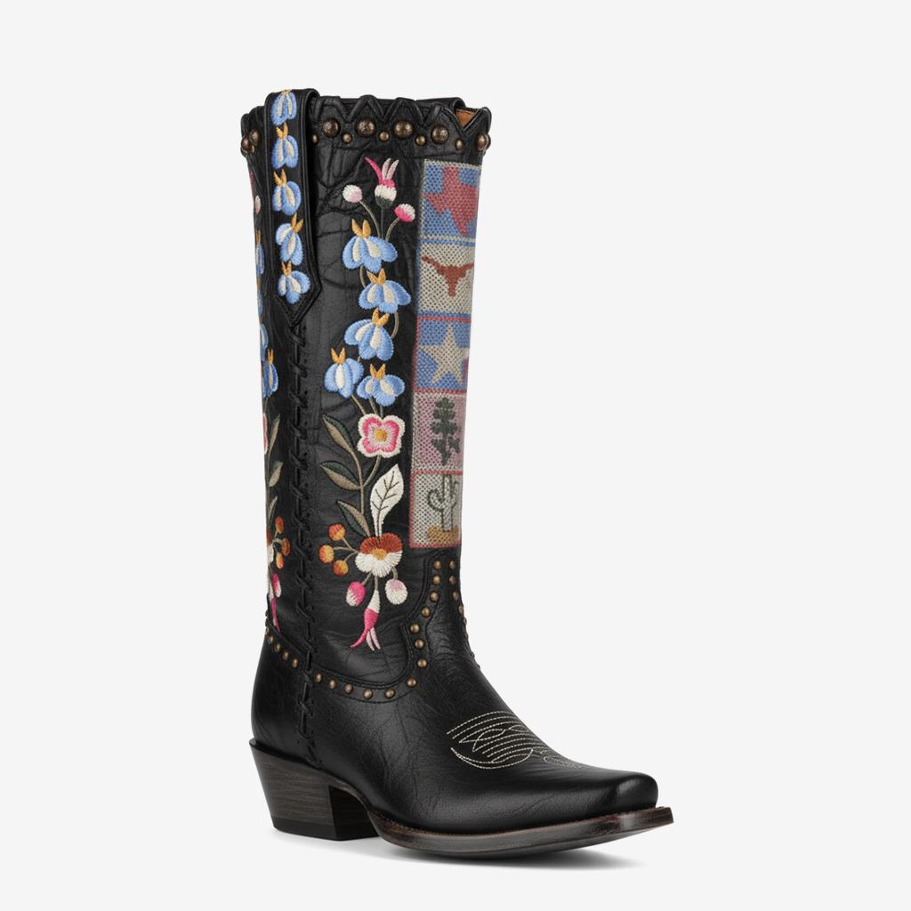 Tuhoomall Western Style Mid-Calf Boots with Floral Design and Stud Details for Fashionable Parties and Everyday Wear, 5cm Chunky Heel