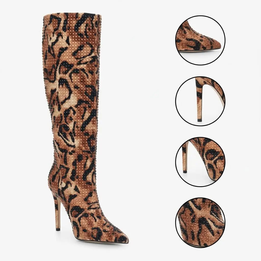 Tuhoomall High Boots with Rhinestone Animal Print, Sparkling High Heel Stiletto, Comfortable Slip-On for Parties and Casual Events Tuhoomall