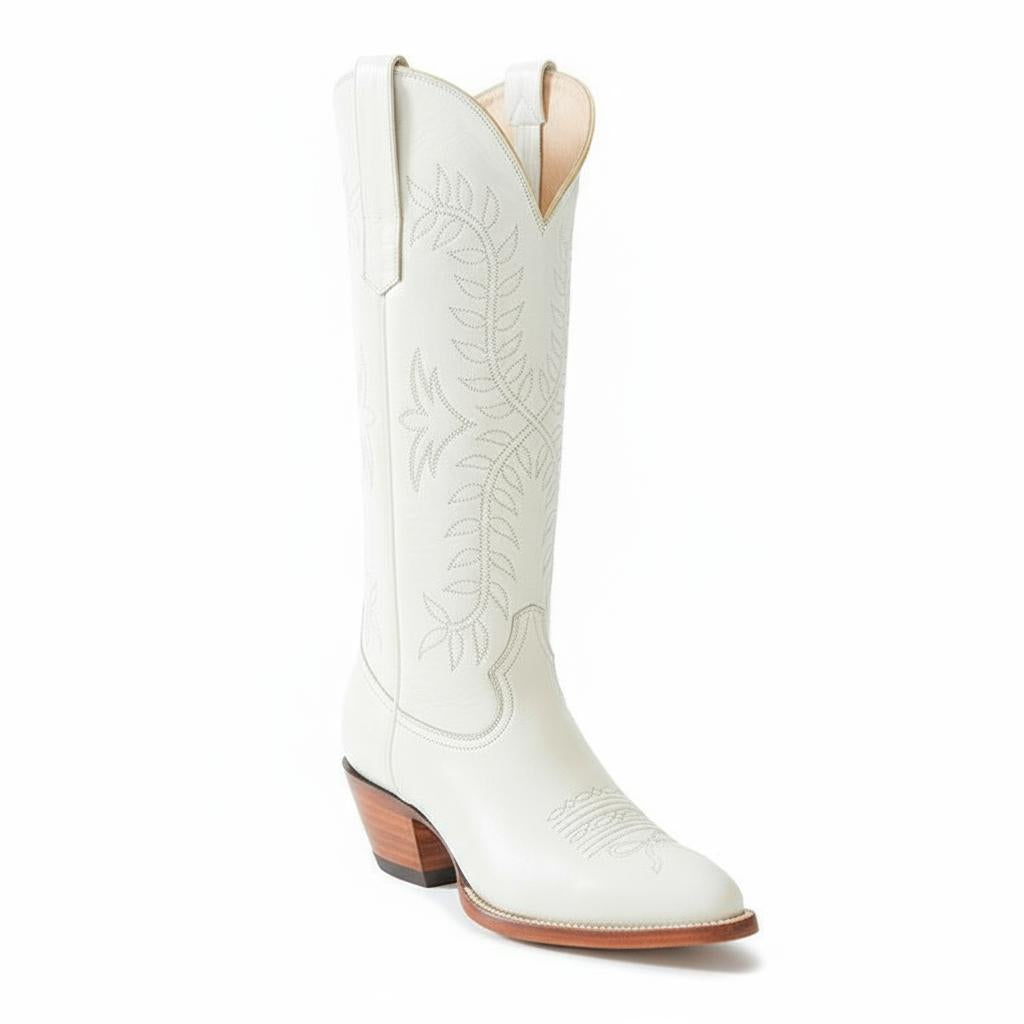 Tuhoomall Western Mid Calf Boots with Embroidered Leaf Design, Chunky Heel 2.00 in, Casual Stylish Footwear for All Seasons