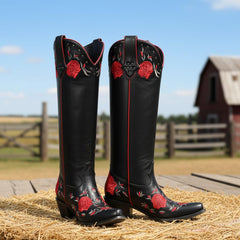 Tuhoomall Western Floral Embroidered Knee-High Boots with 5.5cm Chunky Heel for Casual and Party Wear, Stylish Slip-On Design, Durable Rubber Sole