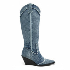 Tuhoomall Western Style Knee High Boots for Women, Retro Chunky Heels, Distressed Denim, Chic Pointed Toe, All-Season Slip-On Comfort