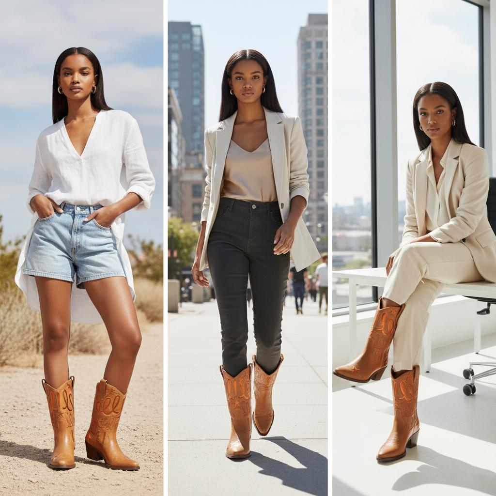 Tuhoomall Comfortable Western Boots for Fashion Parties and Daily Wear with Star and Letter Embroidery, Chunky Heel, Slip-On Design Tuhoomall