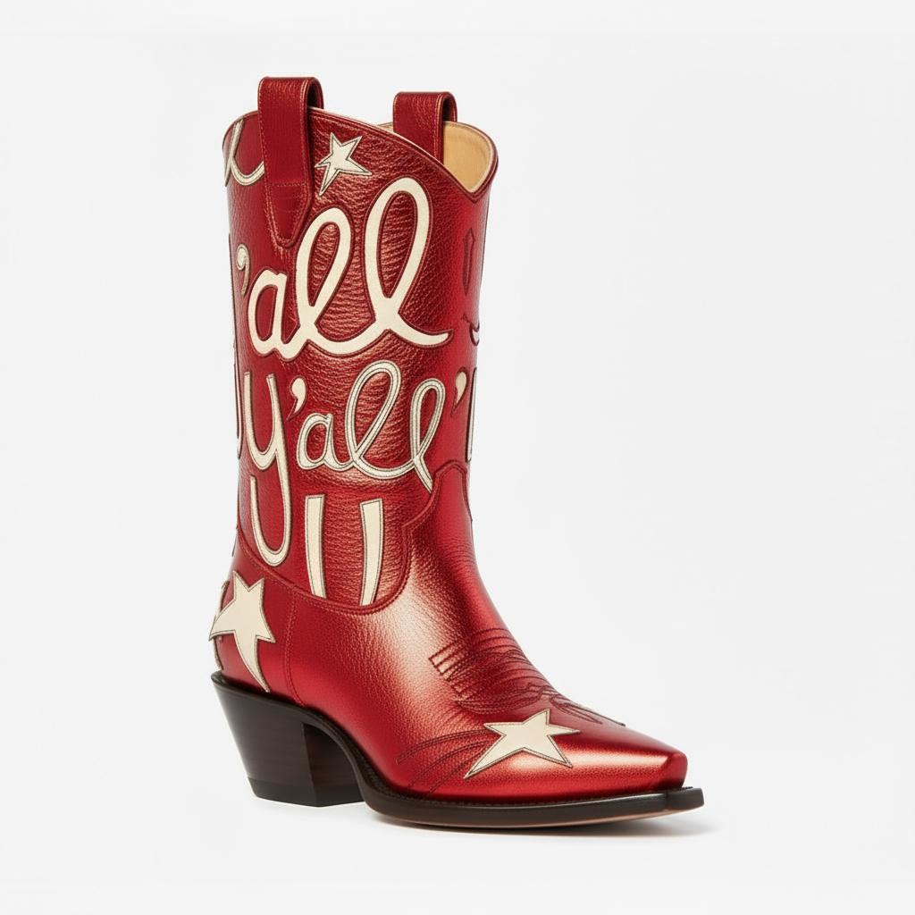 Tuhoomall Comfortable Western Boots for Fashion Parties and Daily Wear with Star and Letter Embroidery, Chunky Heel, Slip-On Design Tuhoomall