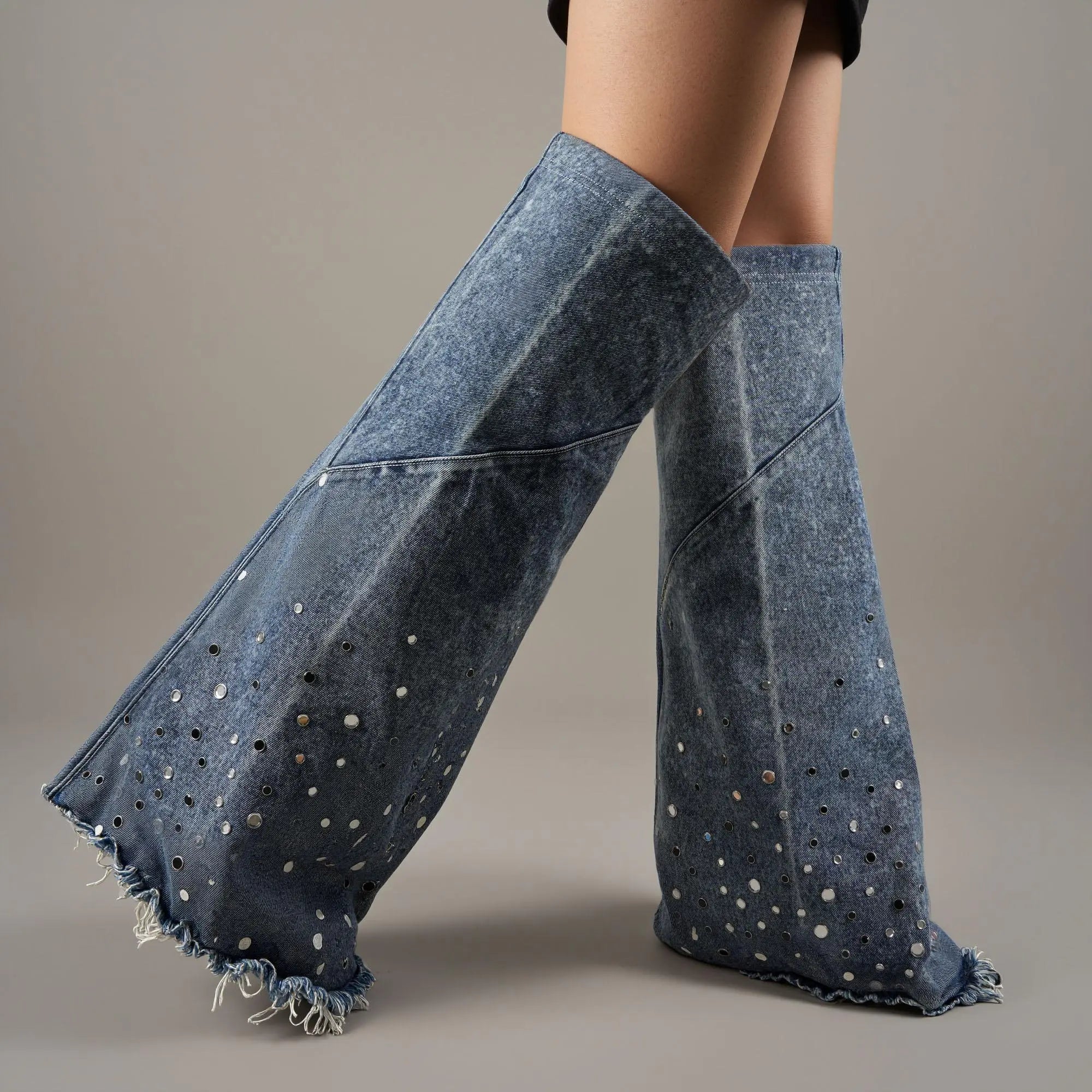 Tuhoomall Over-The-Knee Boots with Fringe and Studs for Party and Performance, Vintage Style, Slip-On Wedge Heel Tuhoomall