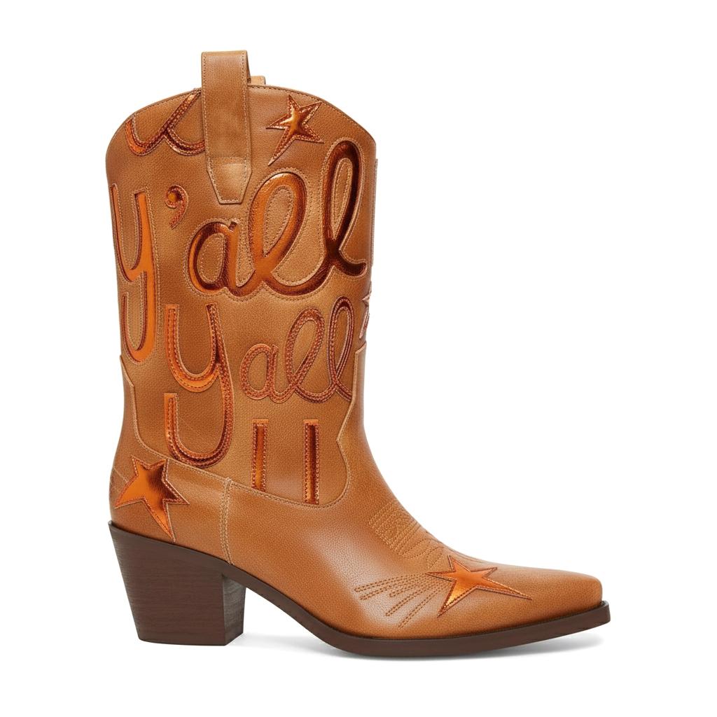 Tuhoomall Comfortable Western Boots for Fashion Parties and Daily Wear with Star and Letter Embroidery, Chunky Heel, Slip-On Design Tuhoomall