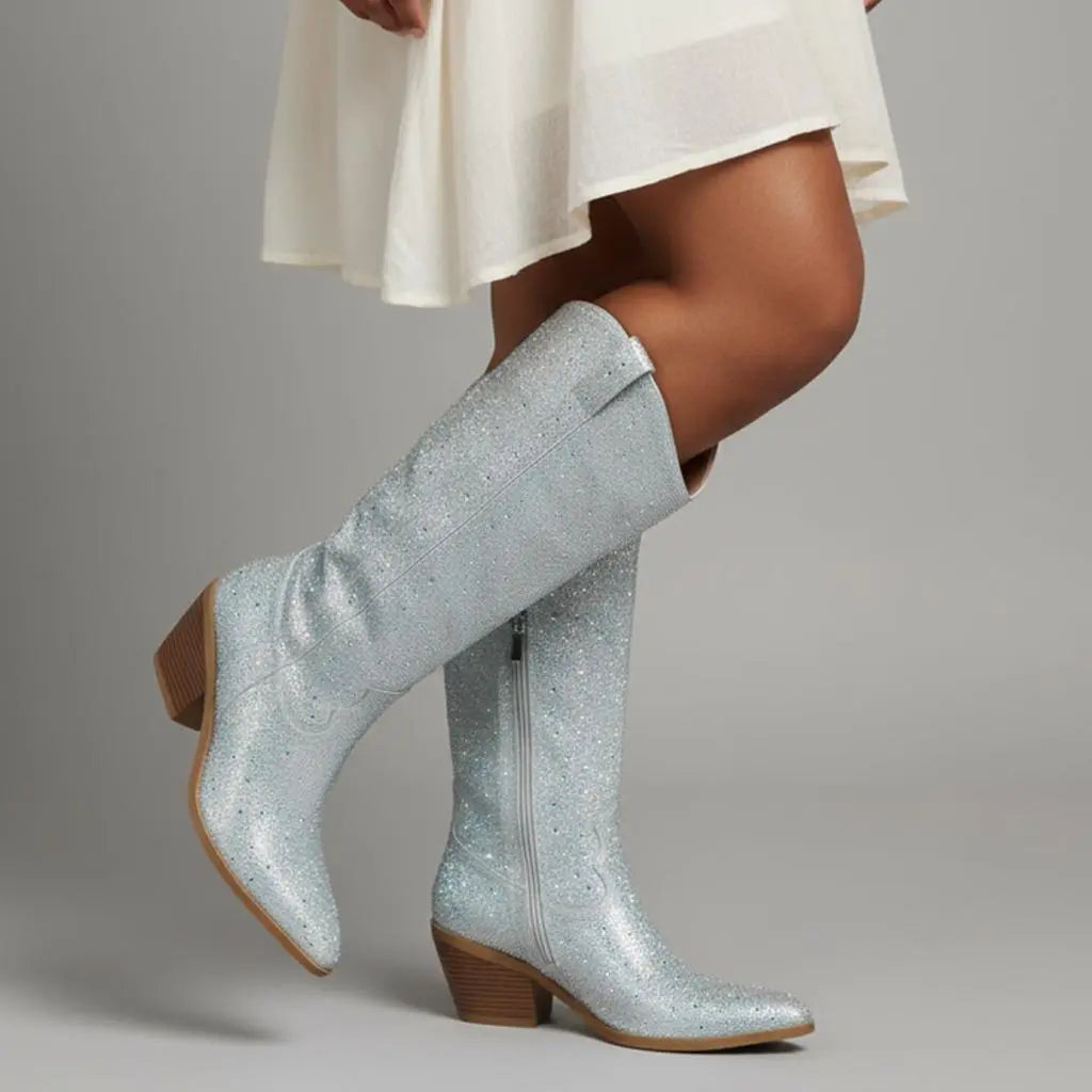 Tuhoomall Rhinestone Western Mid Calf Boots For Women - Chunky Heel & Easy Zip Closure, Stylish For Travel And Weddings Tuhoomall