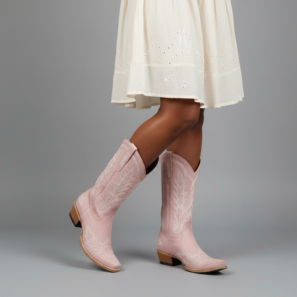 Tuhoomall Embroidered Mid-Calf Ankle Boots for Women | Stylish 5cm Block Heels, Slip-On Design for Parties and Casual Wear Tuhoomall