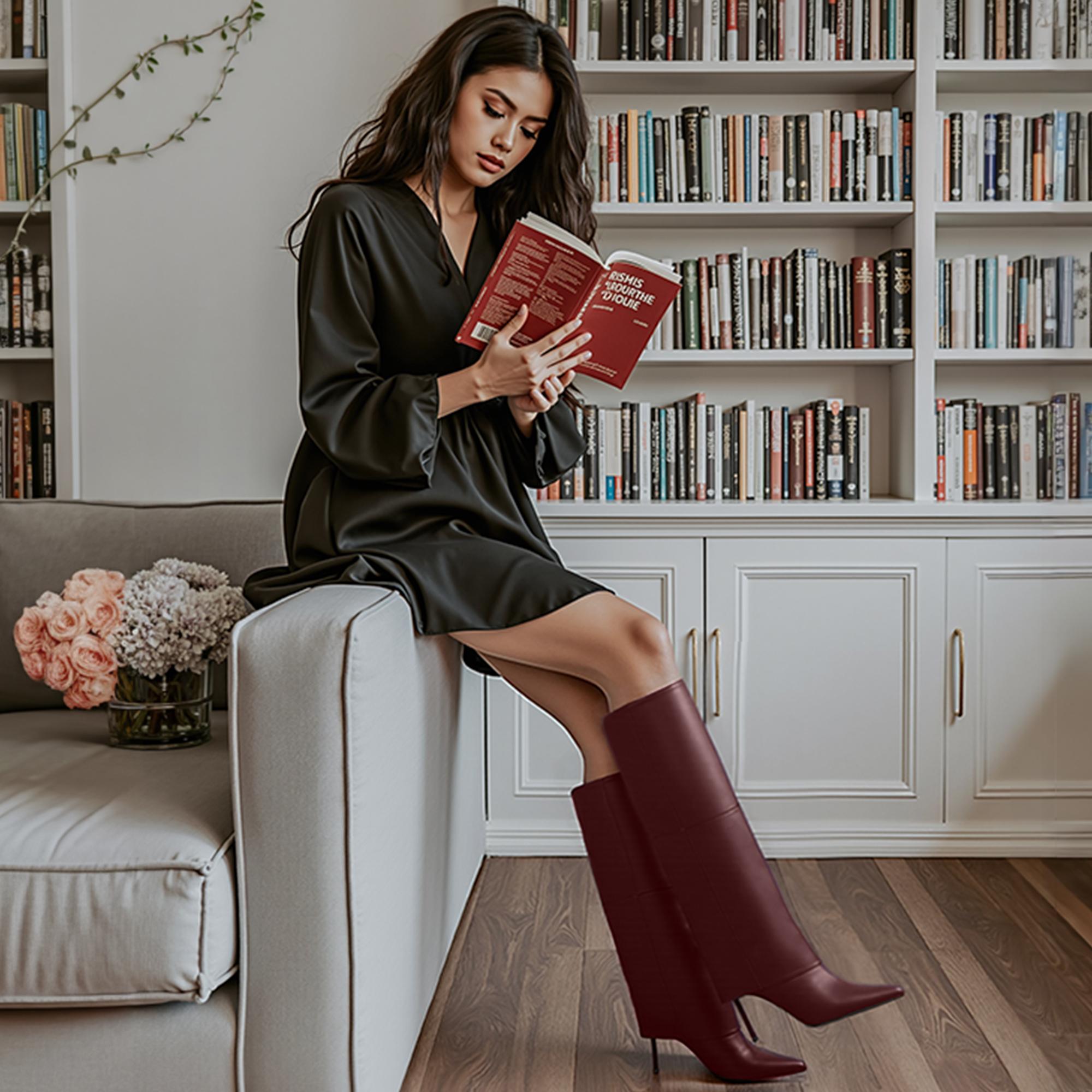 Tuhoomall Knee-High Stiletto Boots for Parties - Classic Style, Pure Color, Comfortable Fit, 10cm Heel, Perfect for Fashionable Evening Wear