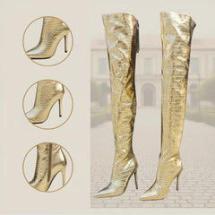 Tuhoomall Stylish Over-the-Knee High Heels with Metallic Shine, Striped Pattern, and Faux Leather Lining for Parties and Fashion Events
