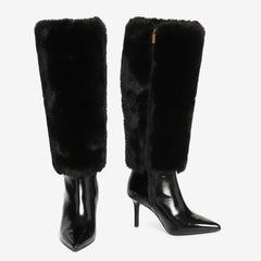 Tuhoomall Knee-High Faux Fur Booties with Zip Closure for Fashion Parties and Performances, Pointed Toe High Heels