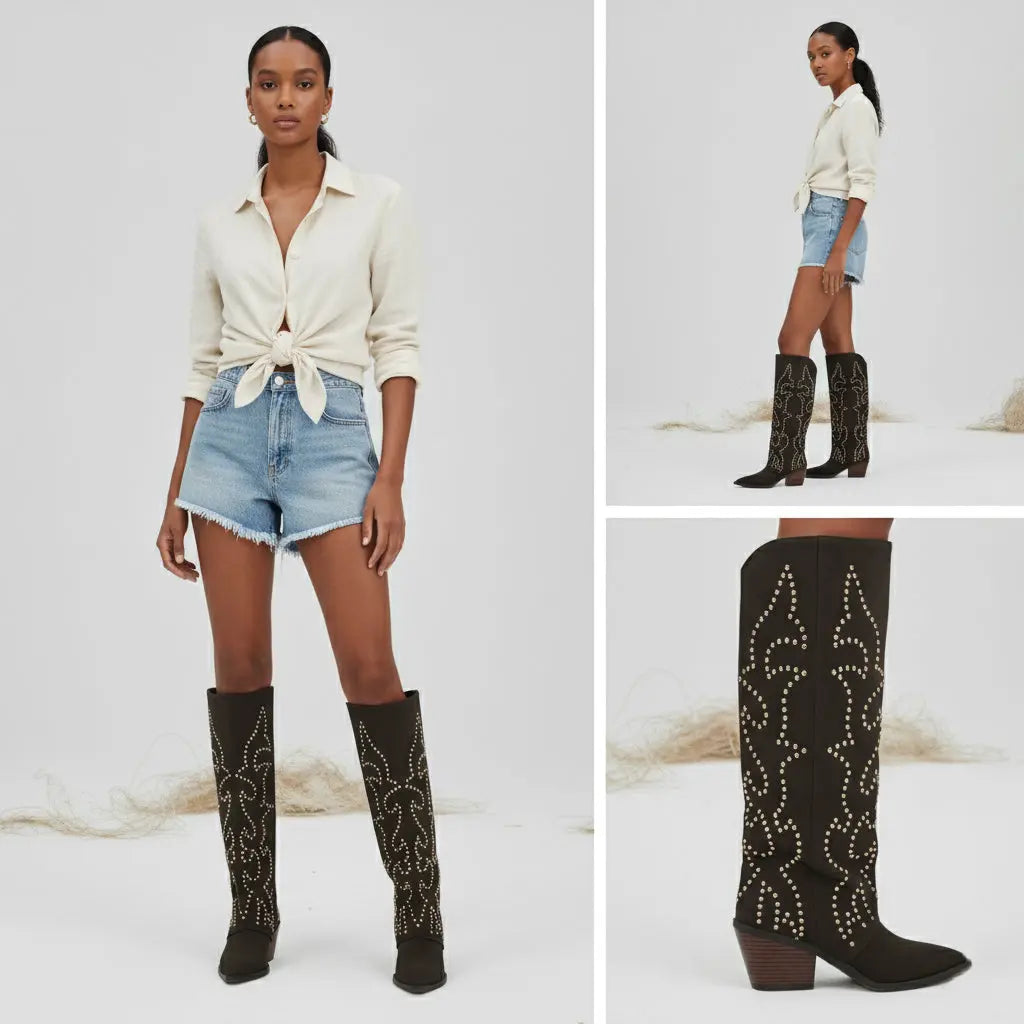 Tuhoomall Western Style Floral Embellished Women's Mid-Calf Boots with Chunky Heel for Fashionable Outdoor Casual Wear Tuhoomall