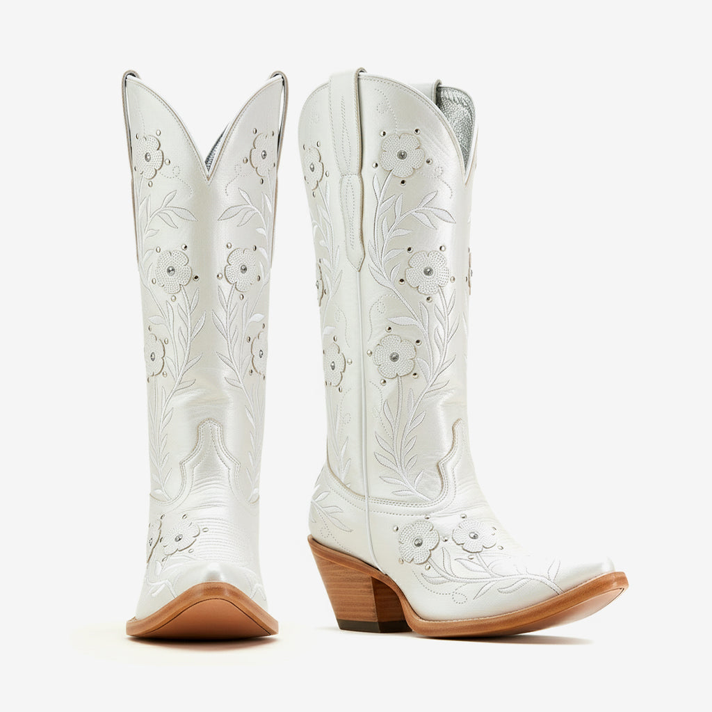 Tuhoomall Western Cowboy Knee High Boots with Floral Embroidery - Comfortable Chunky Heel for Casual, Work, Travel and Party Wear