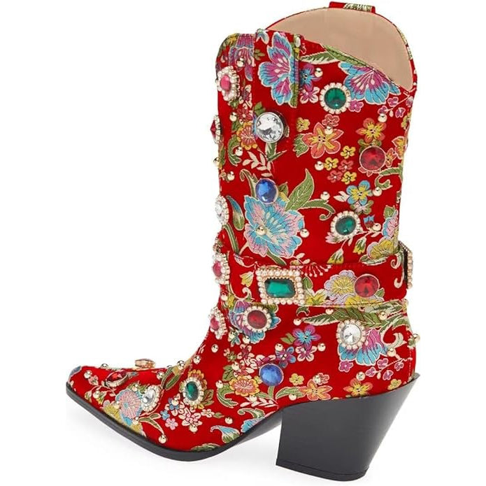 Tuhoomall Western Floral Embroidered Rhinestone Mid Calf Boots for Women, Chunky Heel, Water-Resistant Satin, Stylish for Spring Autumn Winter