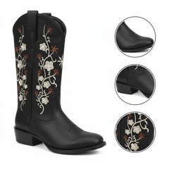 Tuhoomall Comfortable Western Boots for Women with Embroidery, Rubber Sole, Chunky 5cm Heel - Fashionable Casual Footwear for All Seasons